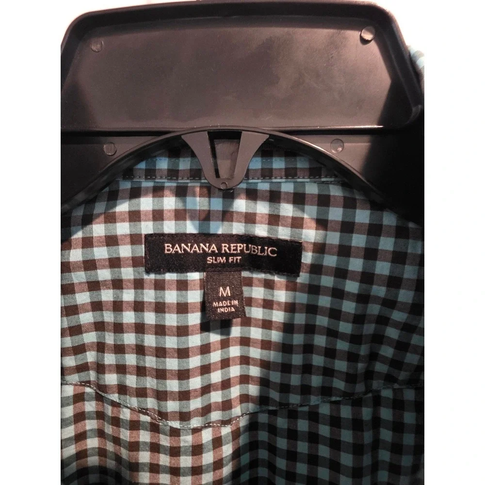 Men's‎ sz M Banana Republic Slim Fit Western Gingham Snap Front Shirt Blue Brown